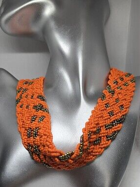 Gorgeous Orange Seed Bead Statement Collar Necklace African-inspired Tribal Boho